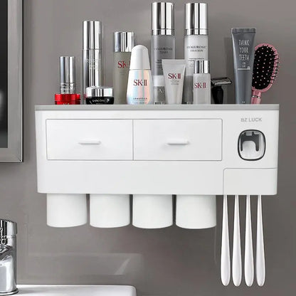 Wall Mounted Toothbrush Holder with Automatic Toothpaste Dispenser, Large Capacity Bathroom Organizer with Cosmetic Drawer & Storage Tray, Space Saving Bathroom Accessories for Family