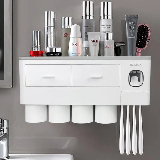 Wall Mounted Toothbrush Holder with Automatic Toothpaste Dispenser, Large Capacity Bathroom Organizer with Cosmetic Drawer & Storage Tray, Space Saving Bathroom Accessories for Family