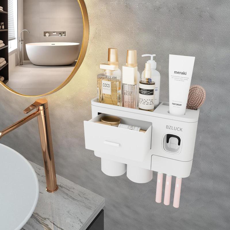 Wall Mounted Toothbrush Holder with Automatic Toothpaste Dispenser, Large Capacity Bathroom Organizer with Cosmetic Drawer & Storage Tray, Space Saving Bathroom Accessories for Family