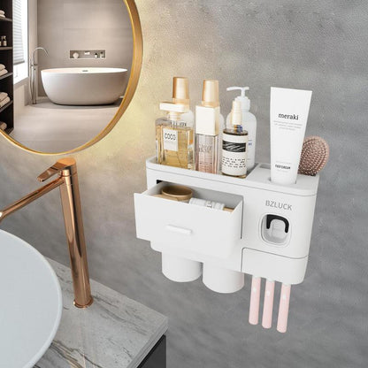 Wall Mounted Toothbrush Holder with Automatic Toothpaste Dispenser, Large Capacity Bathroom Organizer with Cosmetic Drawer & Storage Tray, Space Saving Bathroom Accessories for Family