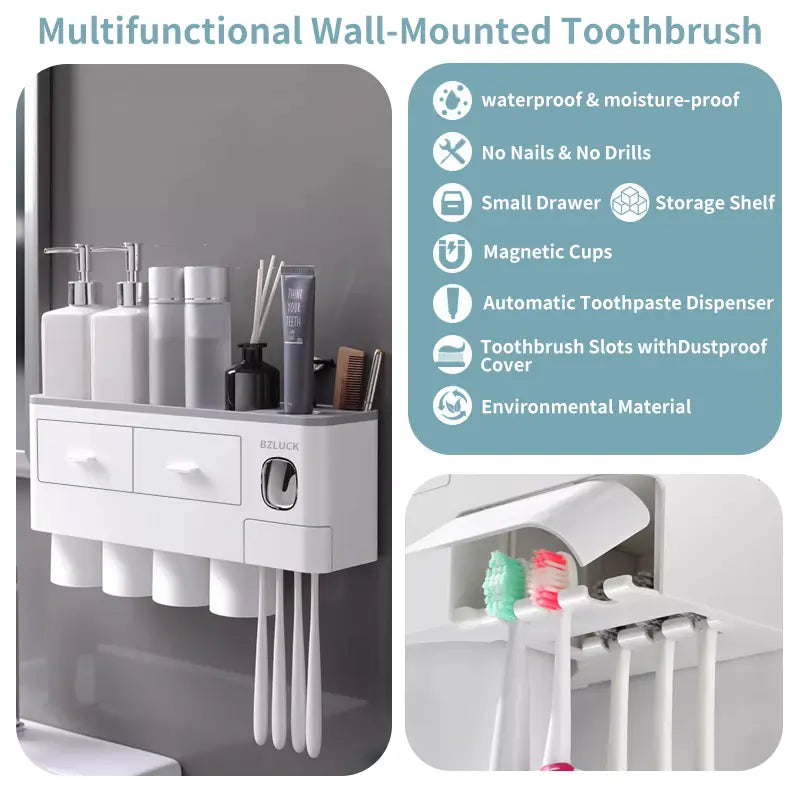 Wall Mounted Toothbrush Holder with Automatic Toothpaste Dispenser, Large Capacity Bathroom Organizer with Cosmetic Drawer & Storage Tray, Space Saving Bathroom Accessories for Family