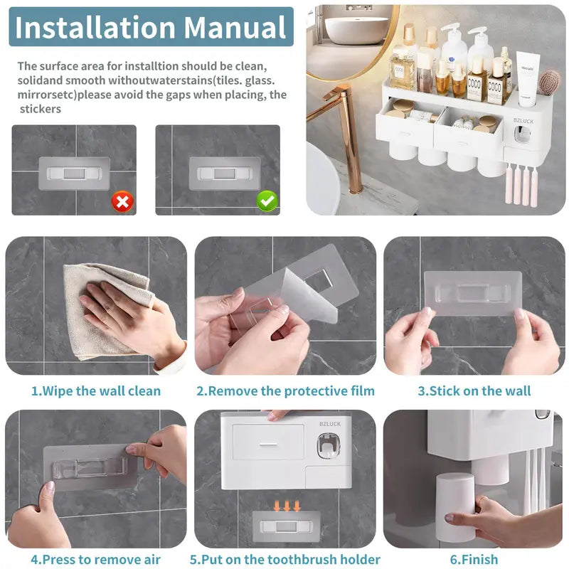 Wall Mounted Toothbrush Holder with Automatic Toothpaste Dispenser, Large Capacity Bathroom Organizer with Cosmetic Drawer & Storage Tray, Space Saving Bathroom Accessories for Family