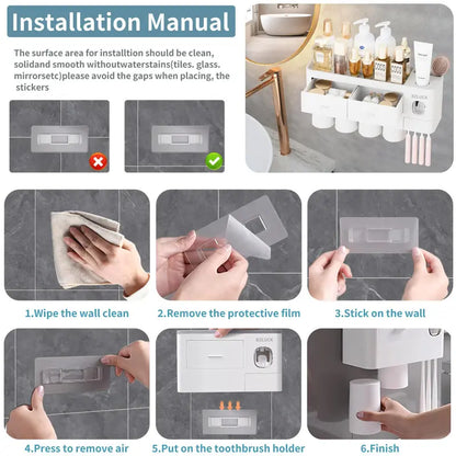 Wall Mounted Toothbrush Holder with Automatic Toothpaste Dispenser, Large Capacity Bathroom Organizer with Cosmetic Drawer & Storage Tray, Space Saving Bathroom Accessories for Family