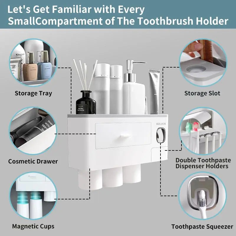 Wall Mounted Toothbrush Holder with Automatic Toothpaste Dispenser, Large Capacity Bathroom Organizer with Cosmetic Drawer & Storage Tray, Space Saving Bathroom Accessories for Family