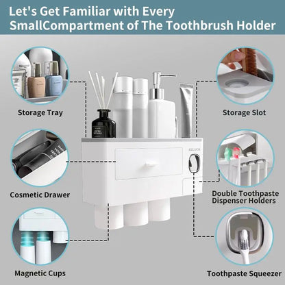 Wall Mounted Toothbrush Holder with Automatic Toothpaste Dispenser, Large Capacity Bathroom Organizer with Cosmetic Drawer & Storage Tray, Space Saving Bathroom Accessories for Family