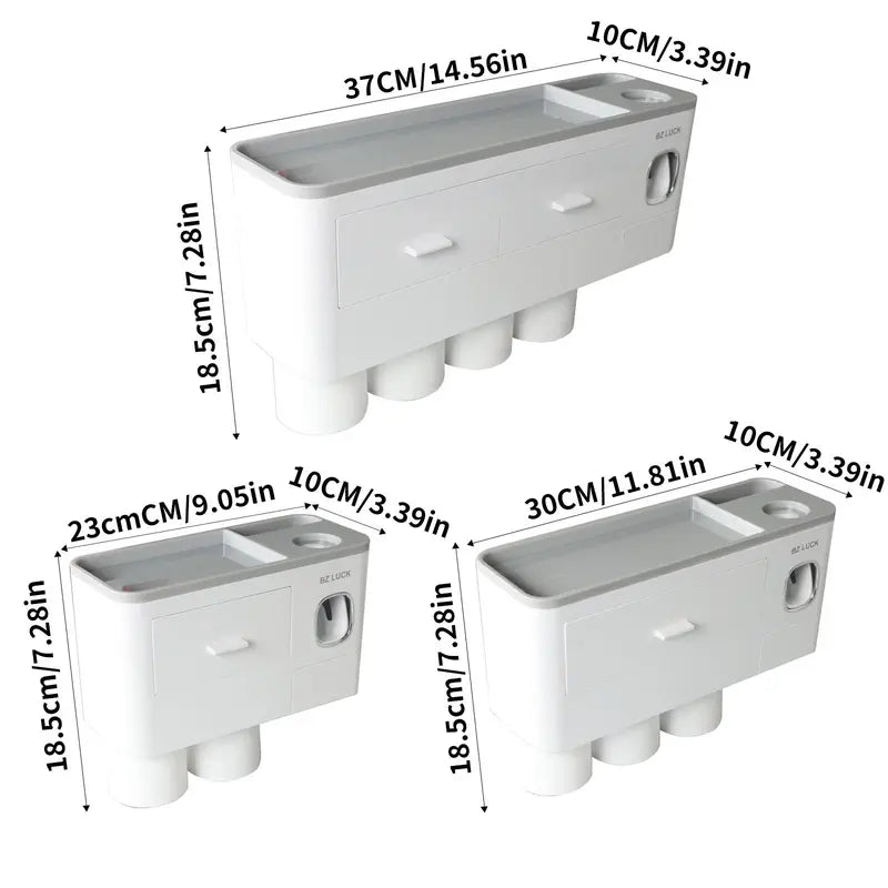 Wall Mounted Toothbrush Holder with Automatic Toothpaste Dispenser, Large Capacity Bathroom Organizer with Cosmetic Drawer & Storage Tray, Space Saving Bathroom Accessories for Family