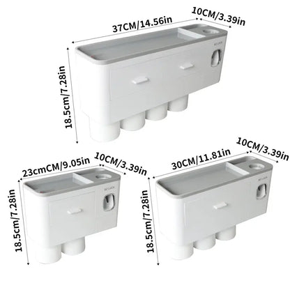 Wall Mounted Toothbrush Holder with Automatic Toothpaste Dispenser, Large Capacity Bathroom Organizer with Cosmetic Drawer & Storage Tray, Space Saving Bathroom Accessories for Family
