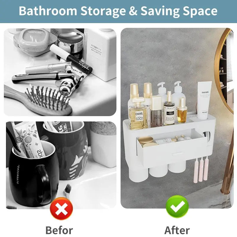 Wall Mounted Toothbrush Holder with Automatic Toothpaste Dispenser, Large Capacity Bathroom Organizer with Cosmetic Drawer & Storage Tray, Space Saving Bathroom Accessories for Family