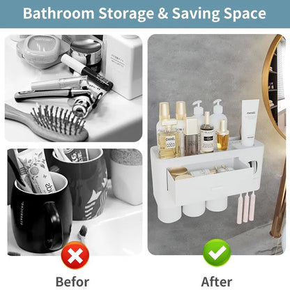 Wall Mounted Toothbrush Holder with Automatic Toothpaste Dispenser, Large Capacity Bathroom Organizer with Cosmetic Drawer & Storage Tray, Space Saving Bathroom Accessories for Family