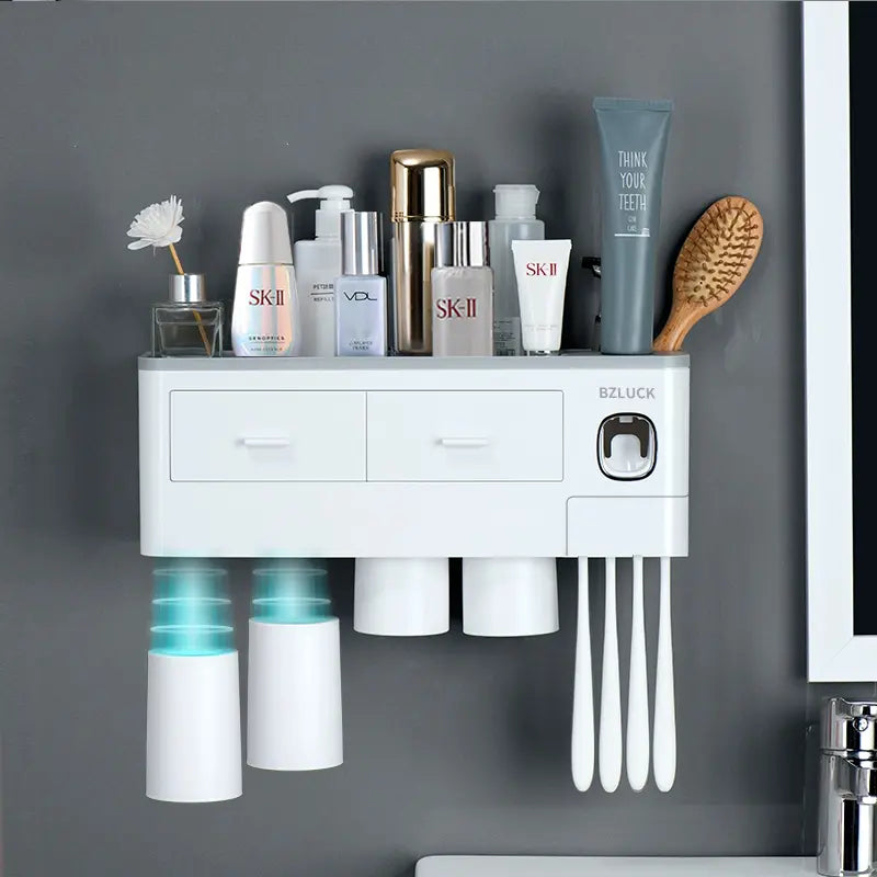 Wall Mounted Toothbrush Holder with Automatic Toothpaste Dispenser, Large Capacity Bathroom Organizer with Cosmetic Drawer & Storage Tray, Space Saving Bathroom Accessories for Family