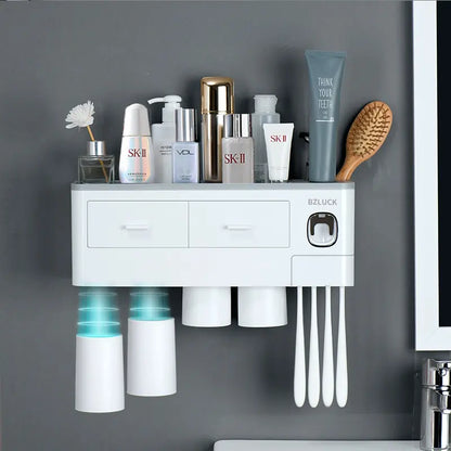 Wall Mounted Toothbrush Holder with Automatic Toothpaste Dispenser, Large Capacity Bathroom Organizer with Cosmetic Drawer & Storage Tray, Space Saving Bathroom Accessories for Family